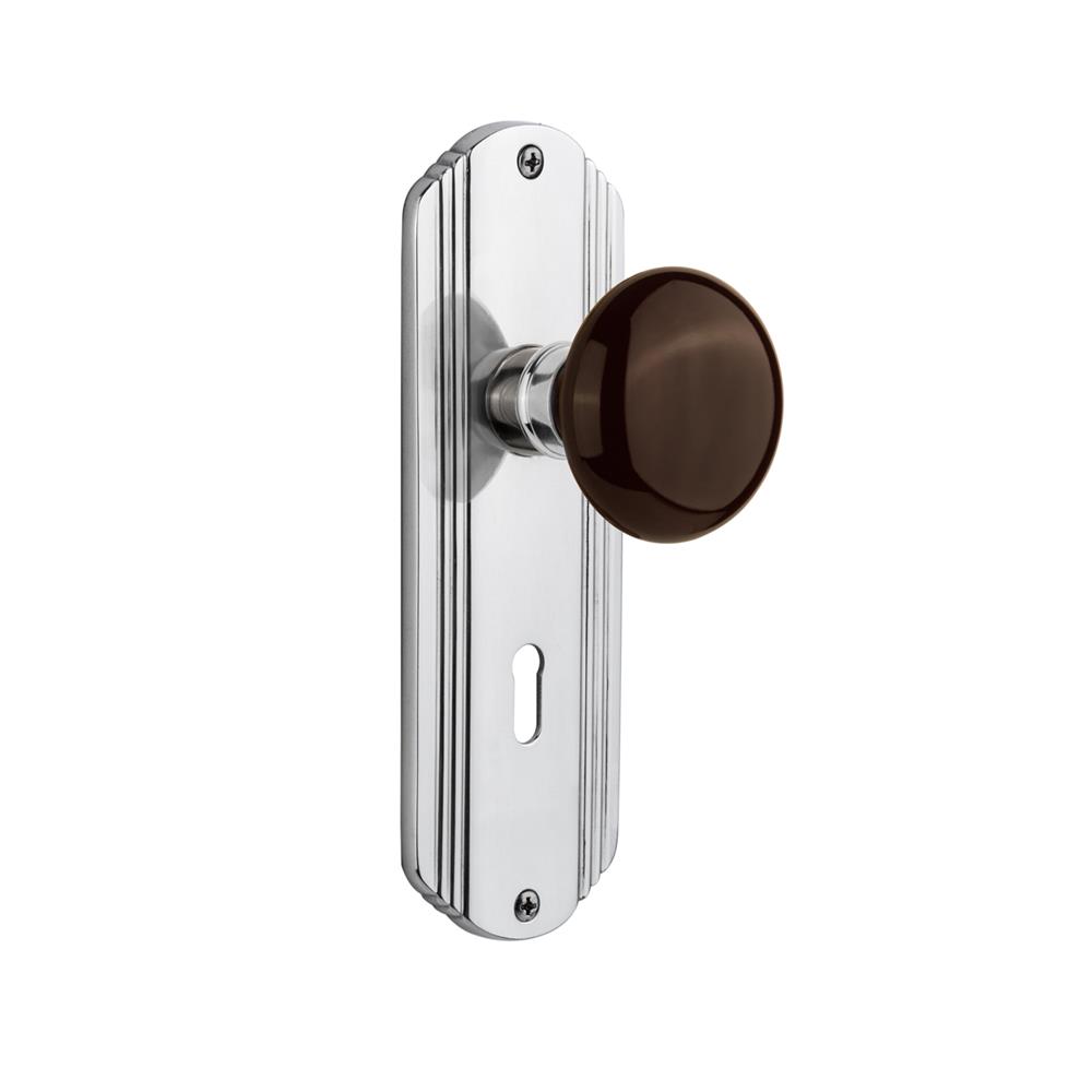 Nostalgic Warehouse DECBRN Double Dummy Deco Plate with Brown Porcelain Knob with Keyhole in Bright Chrome
